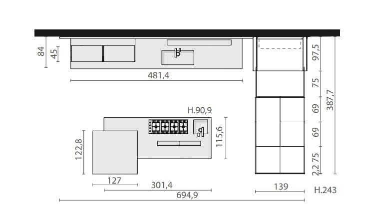 Встроенная кухня с островом без ручек Euromobil Telero ARCH-00041167 - Вид №1