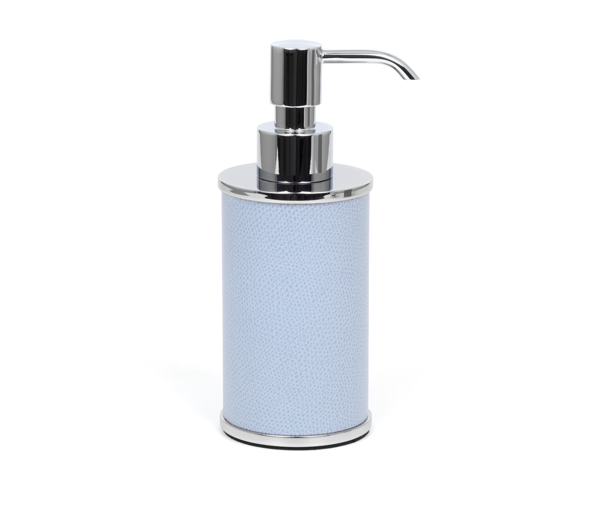 Круглый дозатор мыла Olimpia - Ø 6,5XH17 см / хромированная металлическая отделка / тканая кожа серо-серого цвета