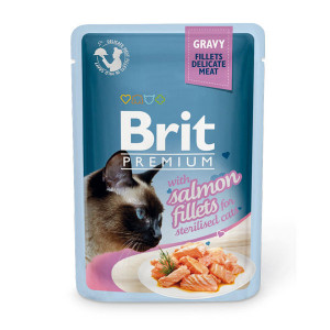ПР0047472 Корм для кошек Premium Cat Gravy для стерилизованных Кусочки из филе лосося в соусе пауч 85г Brit
