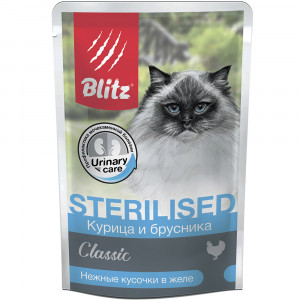 ПР0055595*24 Корм для кошек для стерилизованных и кастрированных,курица и брусника, кусочки в желе пауч 85г (упаковка - 24 шт) Blitz