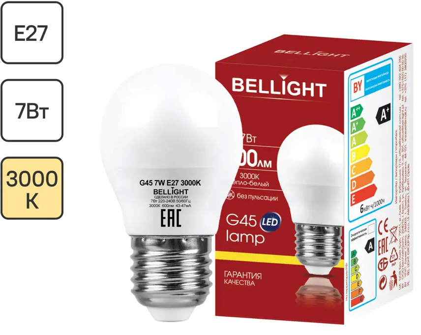 BELLIGHT Светодиодная лампа E27 7Вт теплый белый свет 86170851