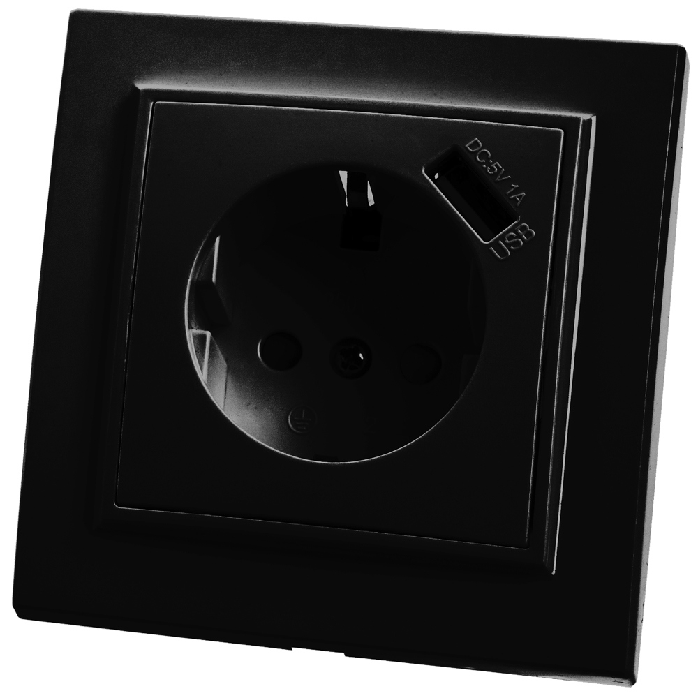 90167150 Розетка 1-местная накладная с заземлением и с USB PST16-9011-03, цвет черный Эрна STLM-0121641 STEKKER