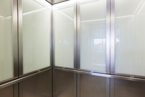FSRT835 Интерьер лифта Levelc-2000n с верхними панелями из стекла vivigraphix graphica, прослойка водорослей, стандартная отделка; нижние панели из нержавеющей стали, индивидуальная отделка; стойки и перила из нержавеющей стали, отделка из песчаника; квад