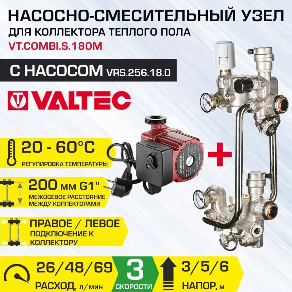 Насосно-смесительный узел Valtec Combi.S 1" для тёплого пола с насосом 25-6x180 мм сервоприводом