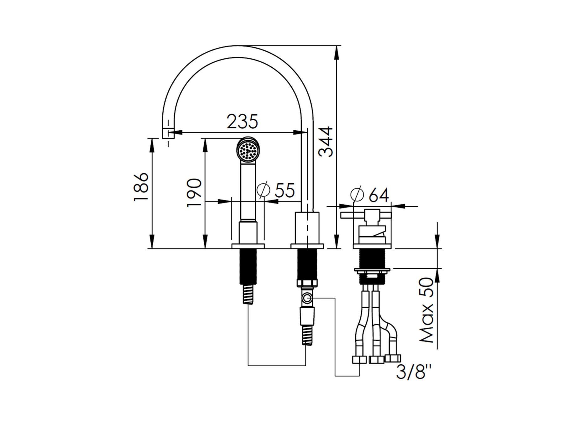 Смеситель для кухни с 3 отверстиями с выдвижным ручным душем rvb ARCH-00097326 - Вид №2