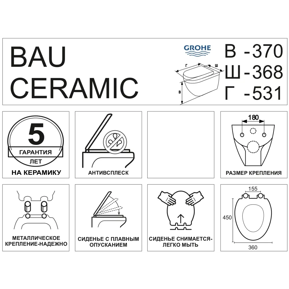 Унитаз подвесной Grohe Bau Ceramic 39351000 безободковый с микролифтом STLM-2197433 - Вид №7