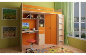 11695 Детская кровать Астра (чердак), дуб молочный / оранжевый РВ-мебель