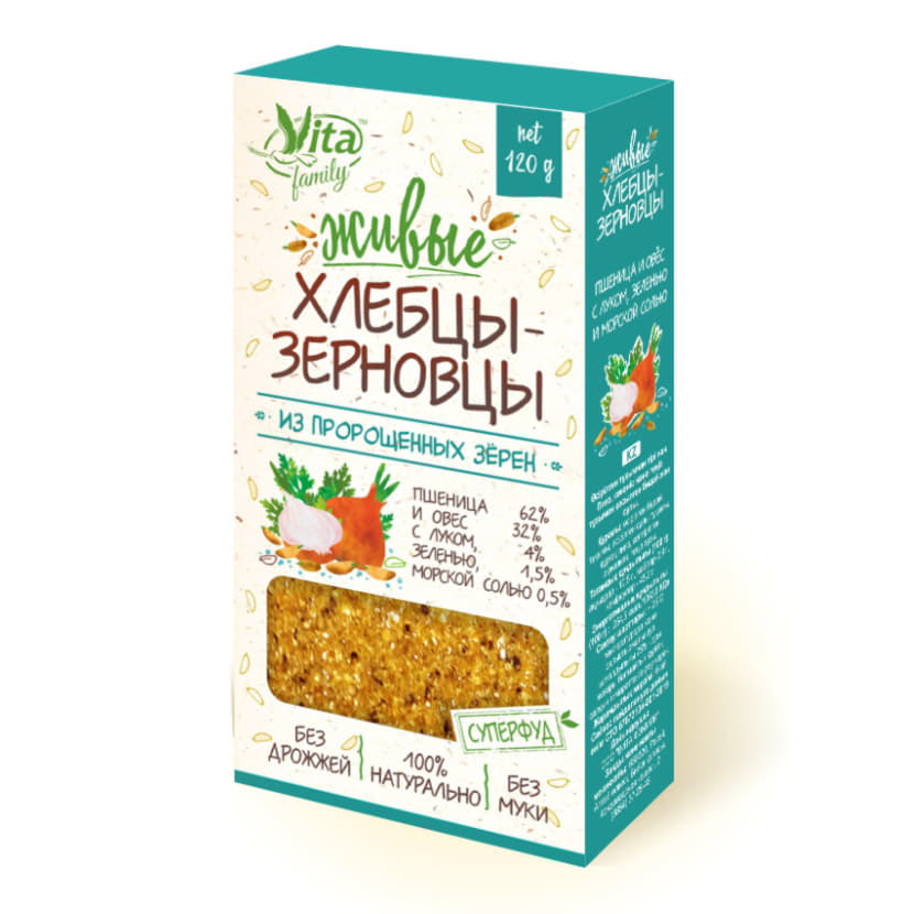 Живые хлебцы-зерновцы с луком и морской солью ПШЕНИЦА И ОВЕС Vita 120 г Santreyd 12939