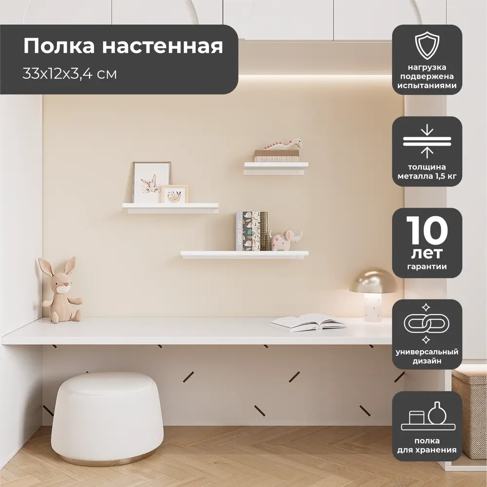 Настенная полка 33x12 см металл цвет белый KONSENSA STLM-2065915 - Вид №9