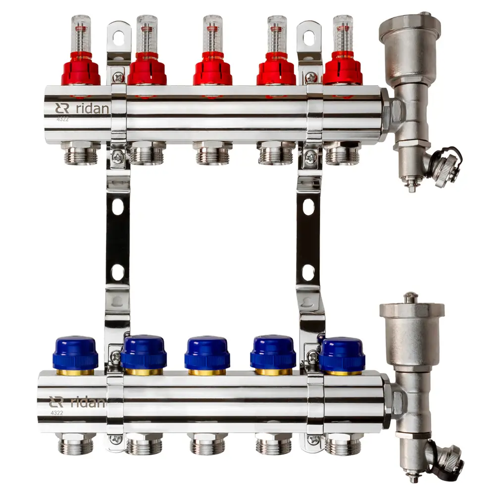 Коллектор Ридан на 5 выходов 1"x3/4" расходомерами кронштейнами и воздухоотводчиками латунь