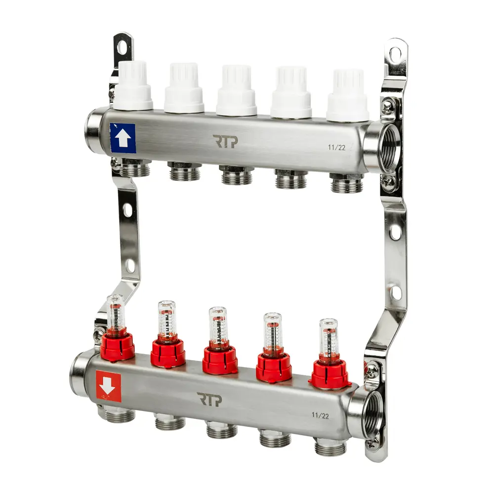 Коллекторная группа с расходомером и кронштейном Rtp 39420 на 5 выходов 1" нержавеющая сталь