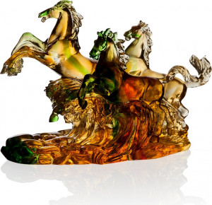 10611864 Cristal de Paris Фигурка Cristal de Paris "Три лошади" 28х20см (янтарно-зеленая) Хрусталь