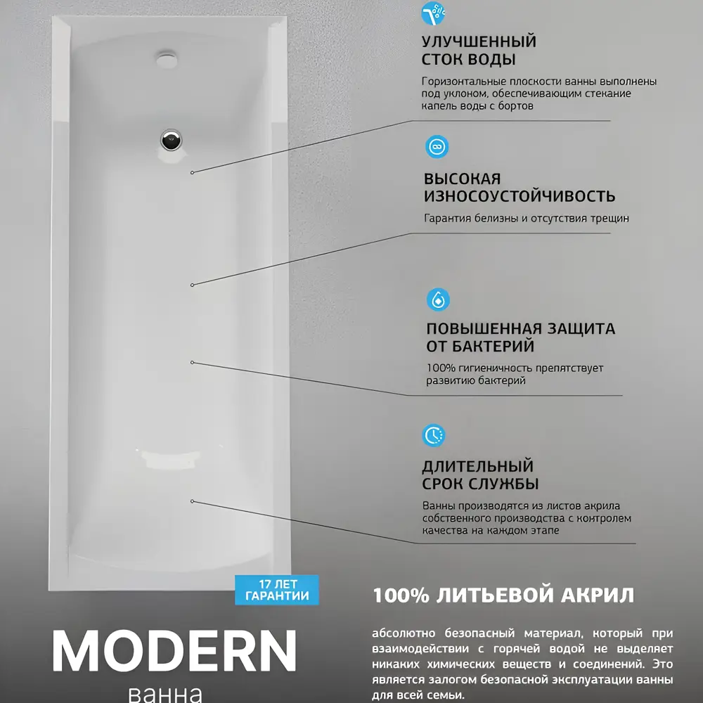 Ванна акриловая Marka One Modern 165x70 Прямоугольная белая 01мод16570