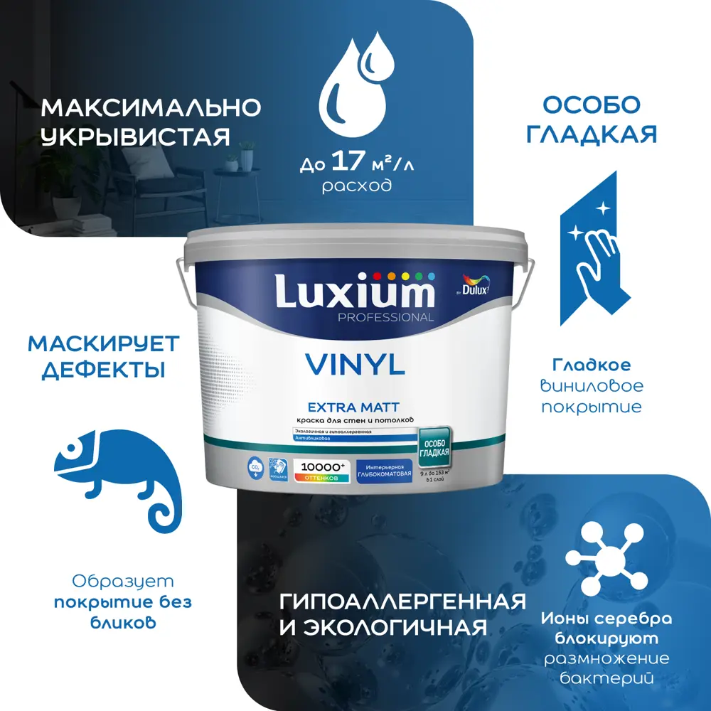 Краска для стен и потолков моющаяся Luxium Vinyl Extra Matt глубокоматовая цвет прозрачный база BC 4.5 л 89425753 STLM-2022281  - Вид №4