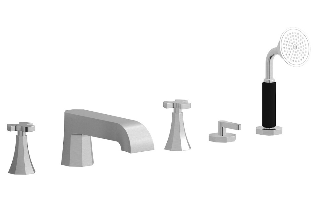 Смеситель на бортик ванной на 5 отверстий с дивертером и душевым гарнитуром. WE ARE IB bt396ss Brushed Nickel Belmondo 