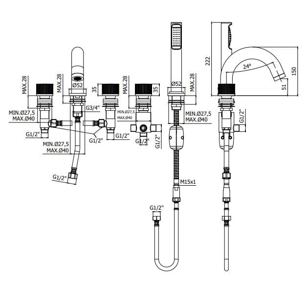 Смеситель для ванны с 5 отверстиями и ручным душем RUBINETTERIA PAFFONI Jo ARCH-00117457 - Вид №2