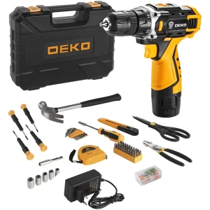 Дрель-шуруповерт аккумуляторная Deko DKCD12FU 12 В Li-ion 1x1.5 Ач и набор инструментов, 104 предмета