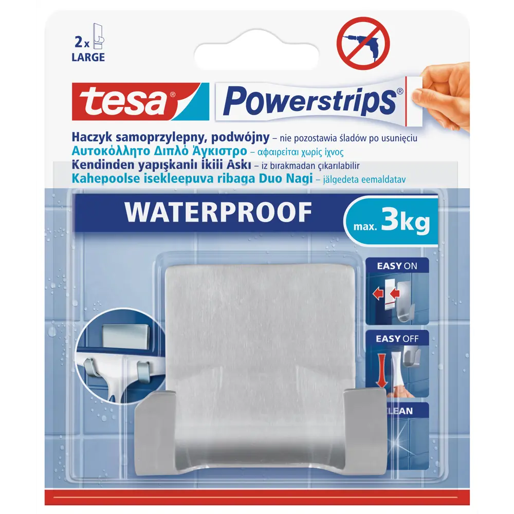 Крючок водостойкий двойной Powerstrips до 3 кг, цвет нержавеющая сталь Tesa STLM-2124380 - Вид №1