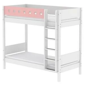 Кровать Flexa White двухъярусная с прямой лестницей, 190 см, белая с розовым