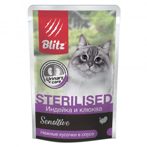 ПР0055590*24 Корм для кошек для стерилизованных и кастрированных,индейка и клюква, кусочки в соусе пауч 85г (упаковка - 24 шт) Blitz