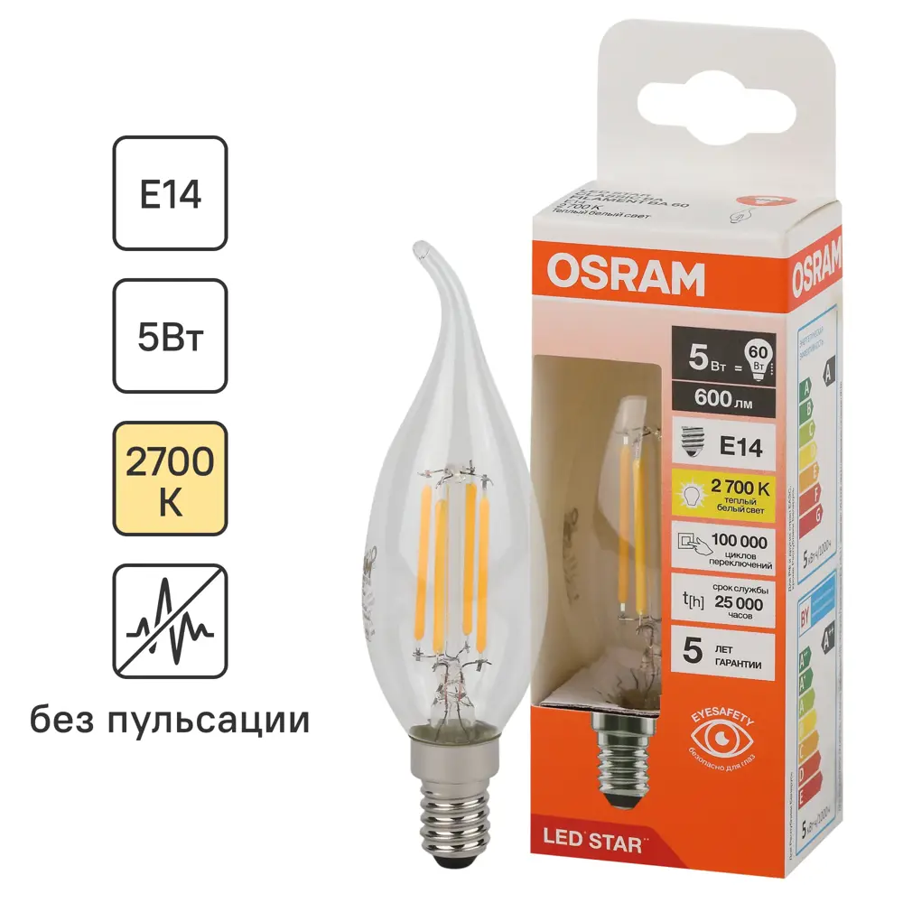 OSRAM Филаментная лампа E14 свеча 5Вт теплый белый свет 85306974 STLM-0931823