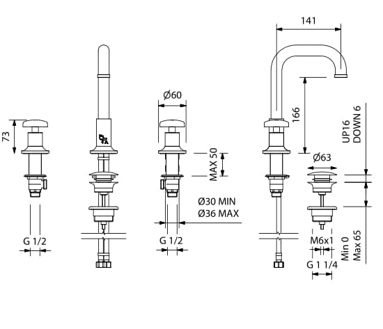 Смеситель для раковины с 3 отверстиями для пола с отдельными розетками Park Avenue Cross ARCH-00103828 - Вид №3