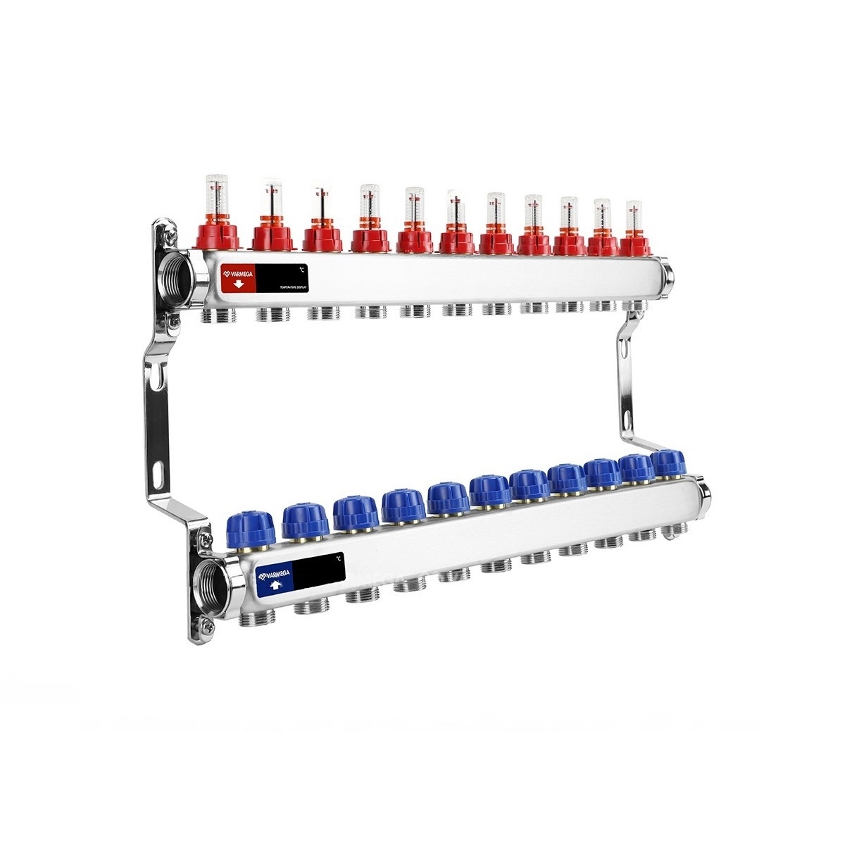 91073879 Коллекторная группа для теплого пола с расходомерами ВР 1" на 11 контуров 3/4" EK нержавеющая сталь STLM-0470009 VARMEGA