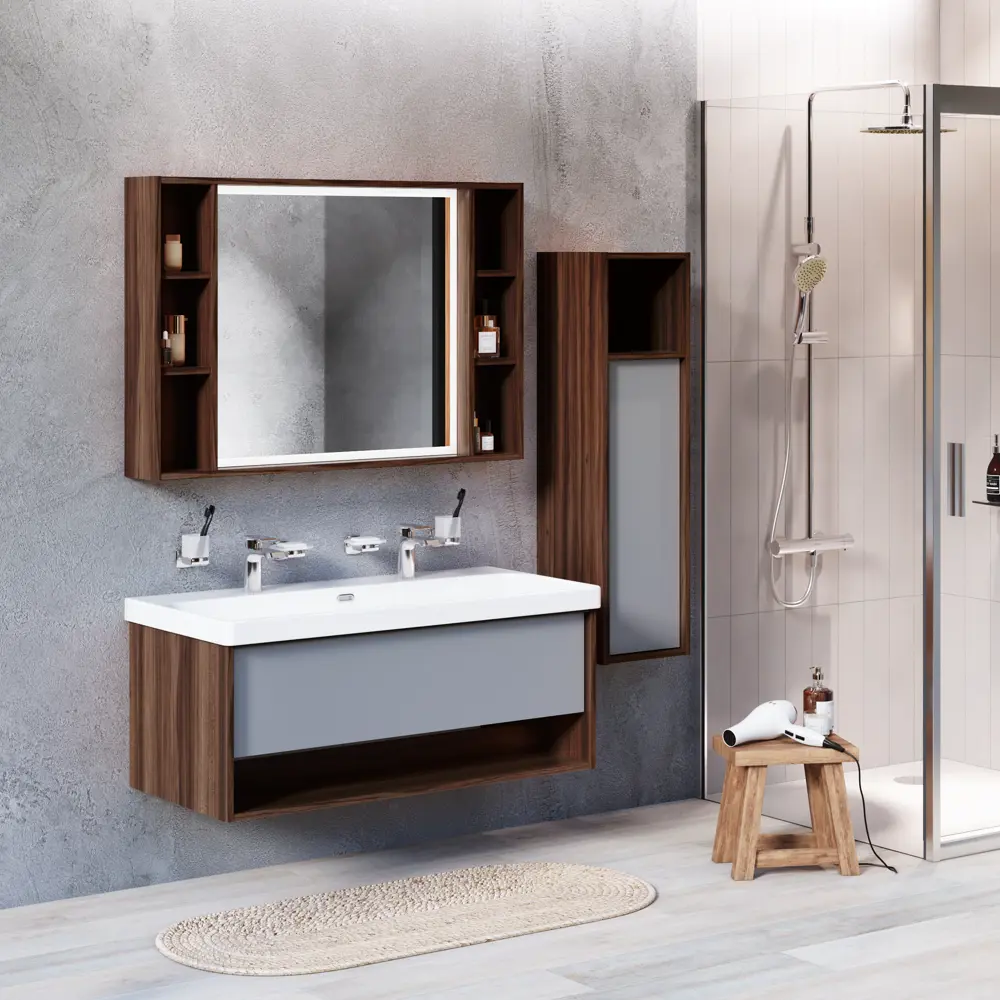 AM.PM Stern — подвесной шкаф для ванной с полкой 110x30 см в цвете орех 87021102 STLM-0072801 - Вид №12