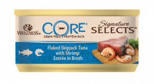 ПР0044878 Корм для кошек Core Signature Selects рубленный тунец с креветками в бульоне конс. 79г Wellness