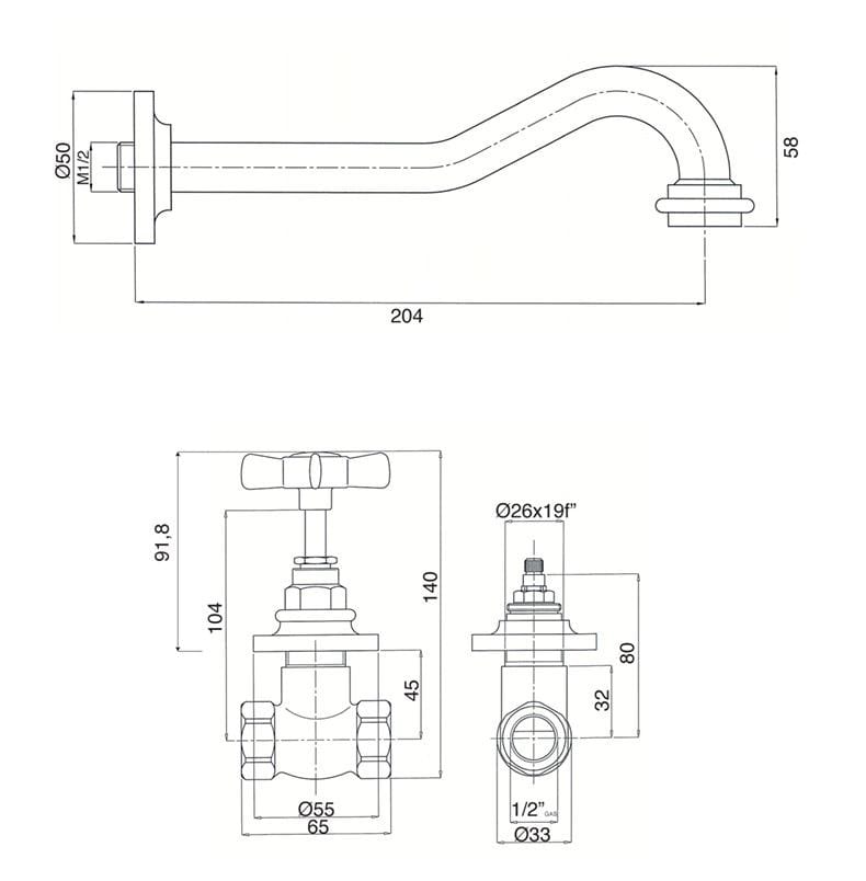 Настенный смеситель для раковины с 3 отверстиями Gentry Home Ascot ARCH-00148738 - Вид №2