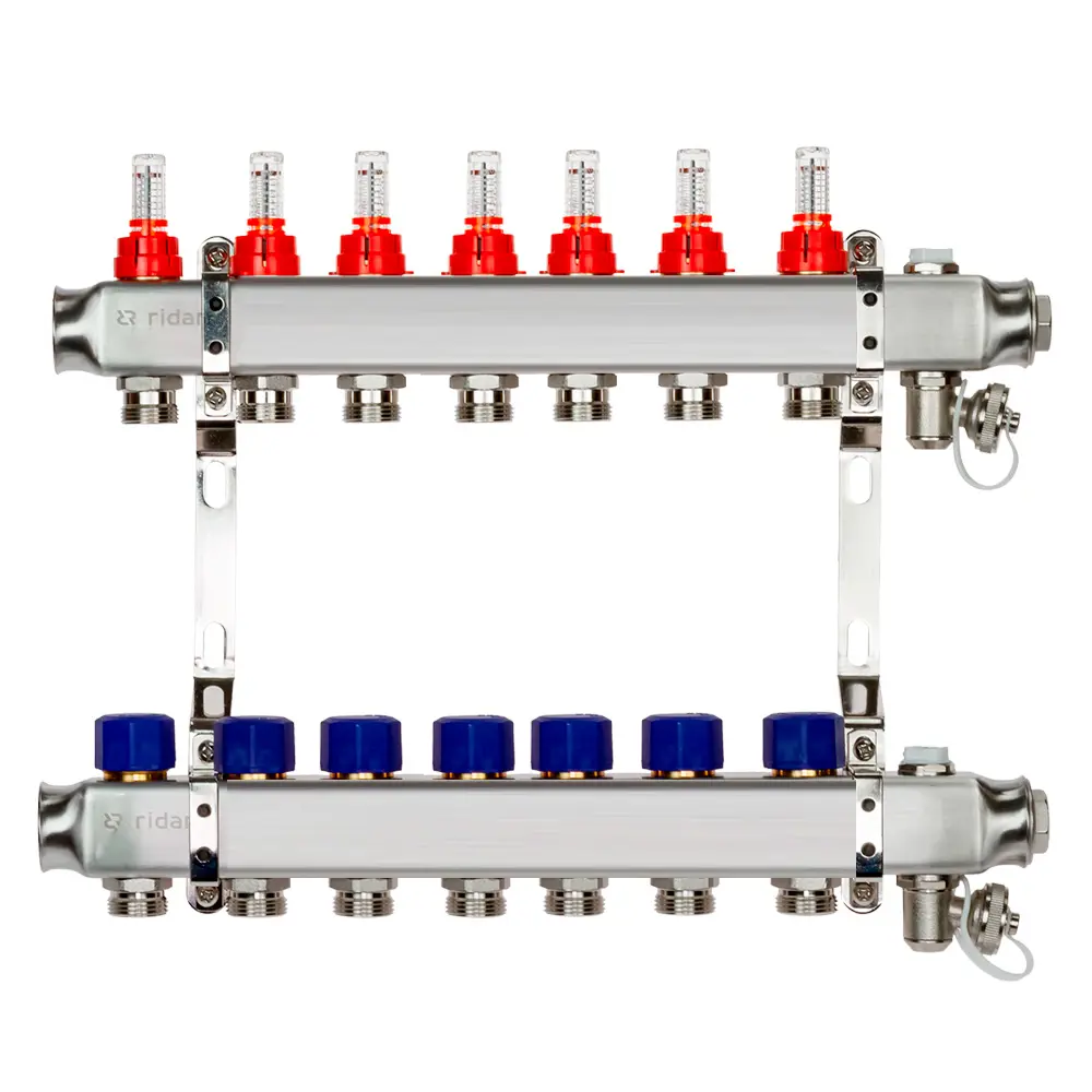 Коллектор Ридан на 7 выходов 1"x3/4" с расходомерами и кронштейнами нержавеющая сталь