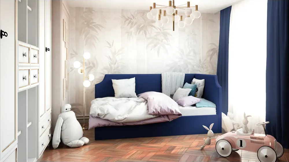91796243 Кровать Costa Джуниор с подъемным механизмом 100x100x210 см правый угол Велюр цвет темно-синий STLM-1097954