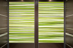 FSRT807 Интерьер лифта Levele-107 с панелями лайтплана в стекле vivispectra elements с рисунком юкка и отделкой pearlex +; Панели захвата из склеенной бронзы с темной патиной и рисунком тревиа на Вудворд-авеню 1520 и 1528, Детройт, Мичиган Forms-surfaces
