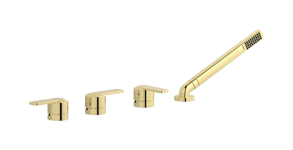 Смеситель на бортик ванной на 4 отверстия с изливом, дивертером и душевым гарнитуром. WE ARE IB c6397ii Pale Gold C-67