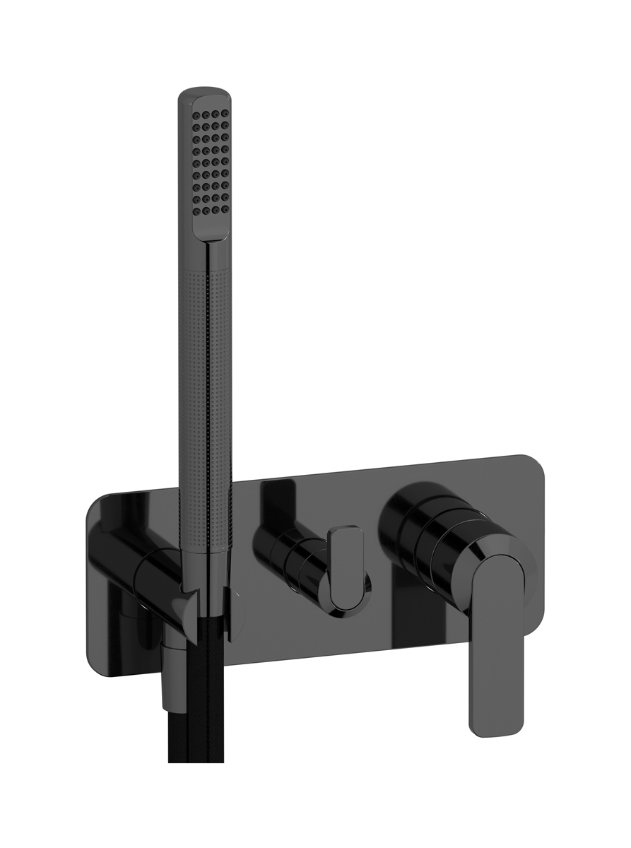 Внешние части встроенного в стену смесителя на 2 потребителя в комплекте с душевым гарнитуром. WE ARE IB c6313cf Black Chrome C-67