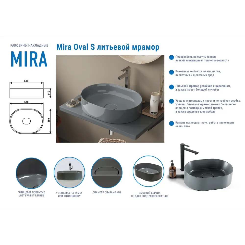 Раковина Mira Oval S накладная 35 см литьевой мрамор цвет графит глянцевый 84376706 STLM-2061552 Santreyd - Вид №1