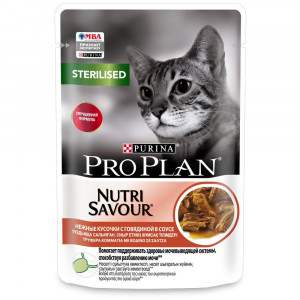 ПР0030909 Корм для кошек NutriSavour для стерилизованных и кастрированных, с говядиной в соусе, пауч 85 г Pro Plan