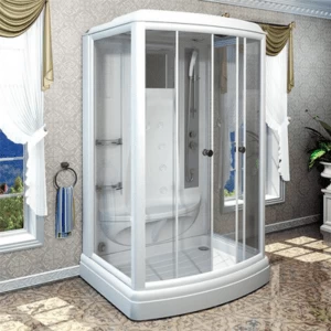 Душевая кабина «ДИАНА 3», поддон на раме-подставке с устройством слива, задняя стенка, крыша, стеклянные шторки (матовые), вертикальный душ «Тропический дождь», смеситель, ручной душ, 2 стеклянные полочки, зеркало