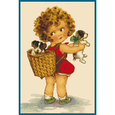 160х240кл Схема для вышивания цв. А3 ДК-143 "Девочка и щенята" Santreyd 