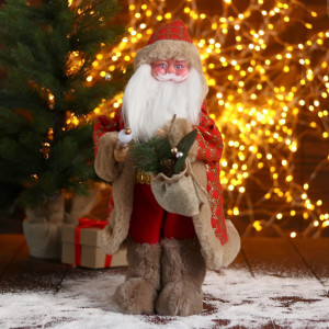 Фигура новогодняя Дед Мороз В красной шубке в клетку с подарками 20х40 см ЗИМНЕЕ ВОЛШЕБСТВО