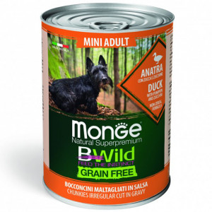ПР0051910 Корм для собак BWild Grain Free Mini беззерн.для мелких пород, утка, тыква, кабачки банка 400г Monge