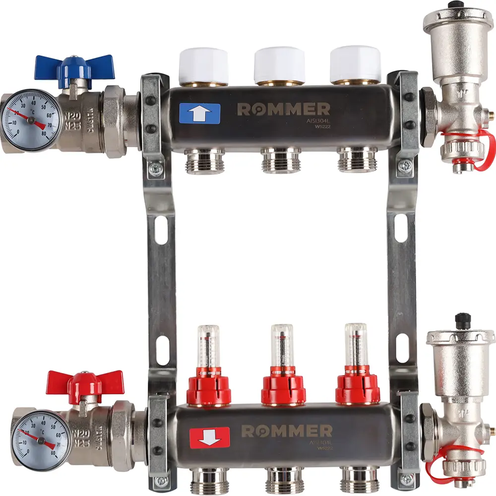 Коллекторная группа с расходомерами Rommer 1"x3/4" 3 выхода нержавеющая сталь