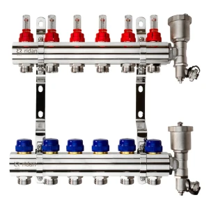 Коллектор Ридан на 6 выходов 1"x3/4" расходомерами кронштейнами и воздухоотводчиками латунь