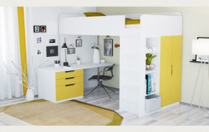 vpk-0001447.18 Кровать-чердак Polini kids Simple с письменным столом и шкафом, белый-солнечный ВПК (Тополь)