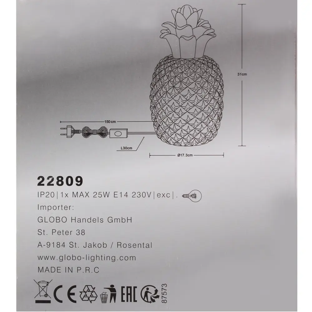 Настольная лампа декоративная Globo «Ананас» 22809 1хЕ14х25 Вт STLM-2140715 - Вид №3
