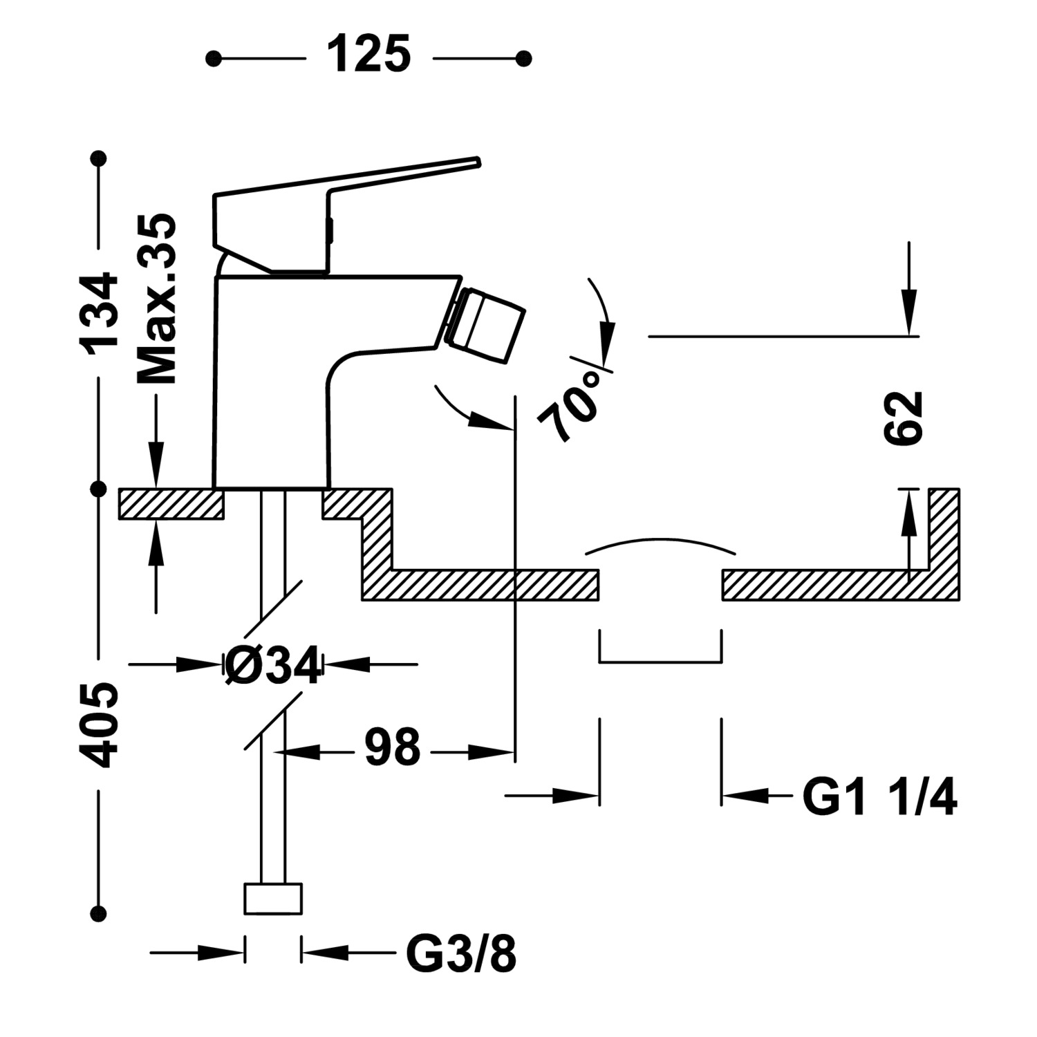 Базовый смеситель для биде с одной ручкой и сливным клапаном Click-clack-21512010D TRES Base - Вид №1