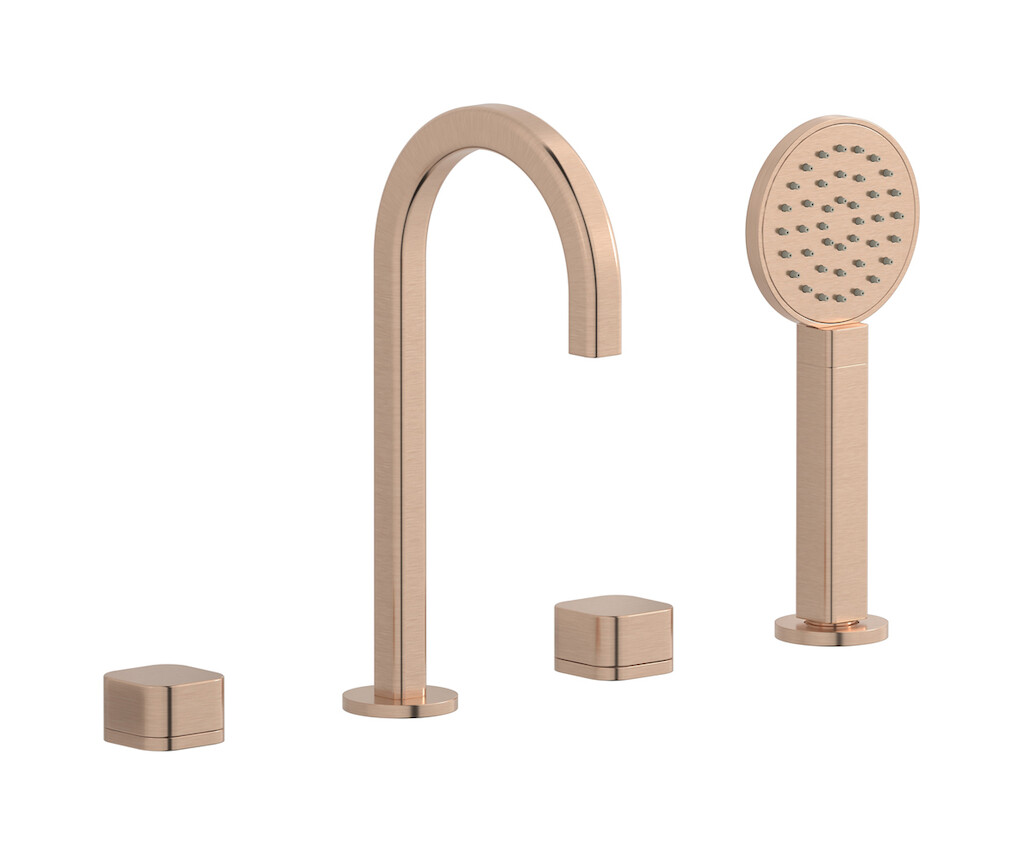 Смеситель на бортик ванной на 4 отверстий с дивертером и душевым гарнитуром. WE ARE IB eo396sr_1 Brushed Rose Gold Elio