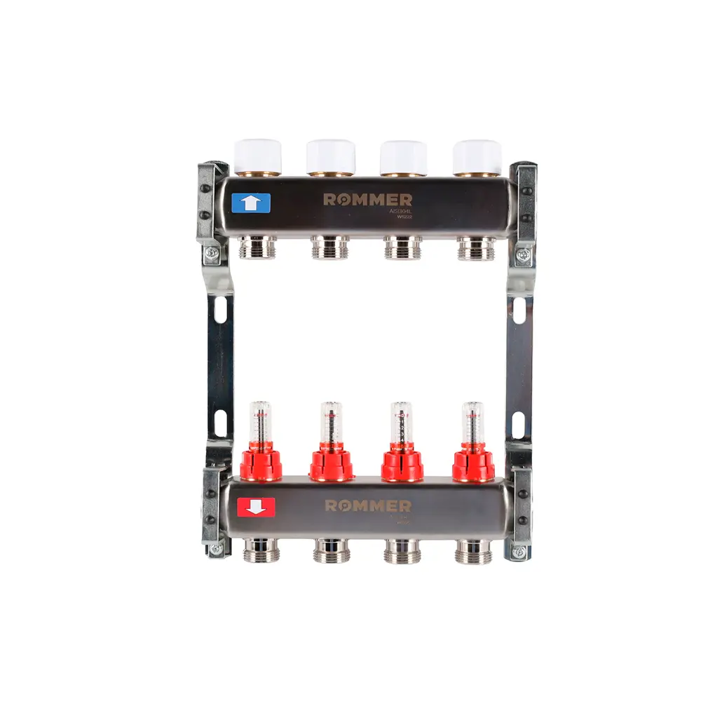 Коллекторная группа Rommer на 4 выхода 1"x3/4" с расходомерами