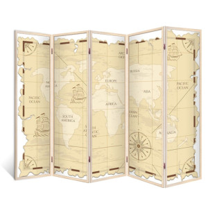 Ширма перегородка для комнаты деревянная "Карта континентов" двухсторонняя с картинкой (уют) 5 створок кремовый дуб 176х230 см 18 кг ДЕКОР ДЕПО