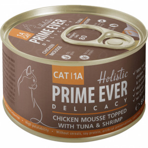 ПР0047928 Корм для кошек 1A Delicacy Мусс цыпленок с тунцом и креветками конс. 80г Prime Ever